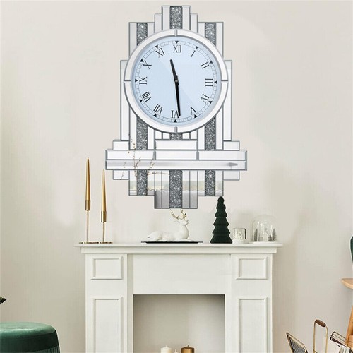Chic Crystal Crush Diamond Wall Clock Silver Beveled Glass Mirror Quartz Clock - Picture 13 of 19