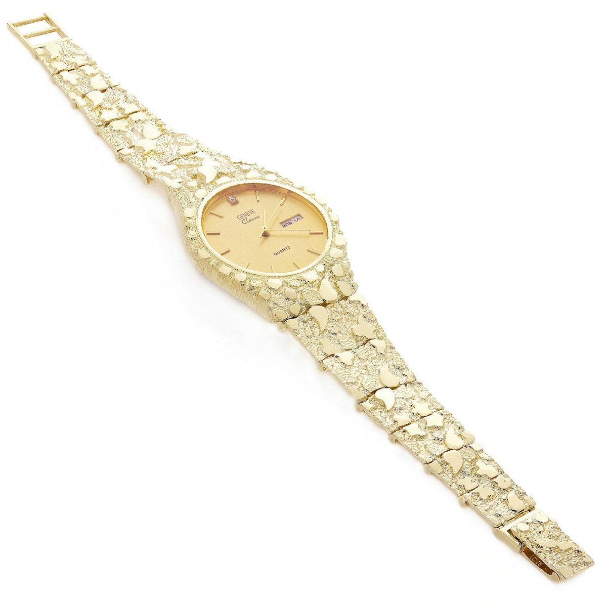 10k Yellow Gold Nugget Link Geneve Wrist Watch with Diamond
