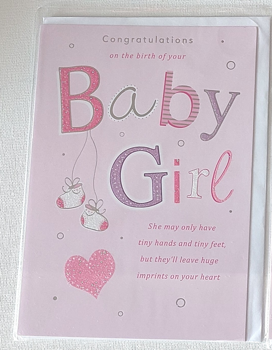 CONGRATULATIONS ON THE BIRTH OF YOUR BABY GIRL CARD Bootees Glitter HEART 5x7""