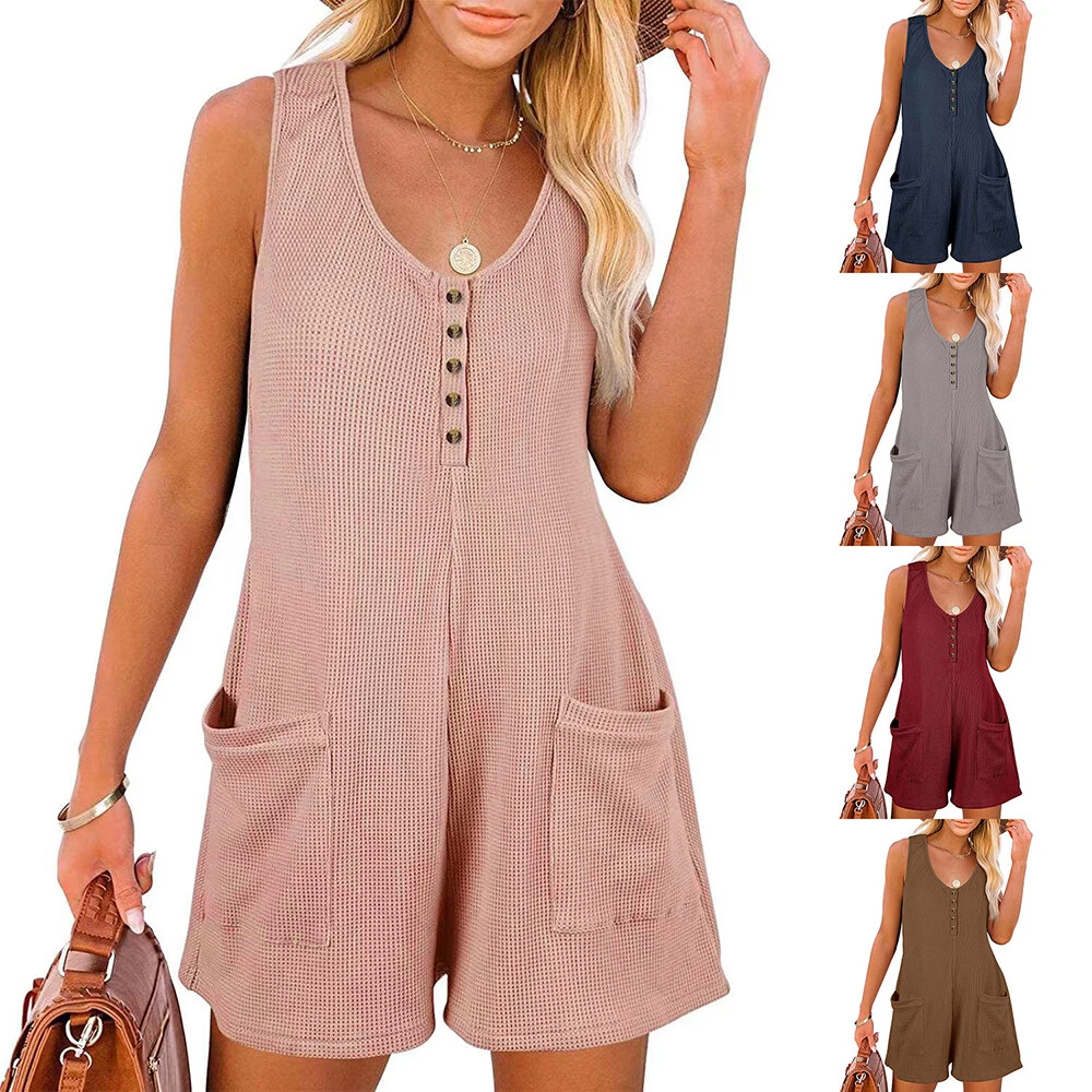Casual round collar sales plain loose sleeveless jumpsuit