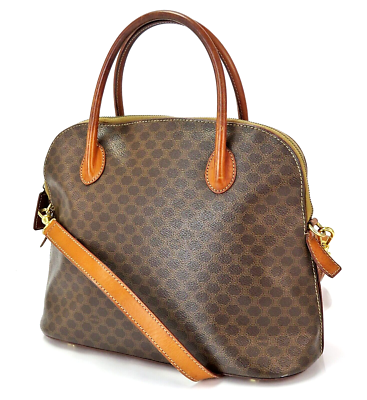 Authentic CELINE Brown Macadam PVC Canvas Alma 2 Way Shoulder Bag
