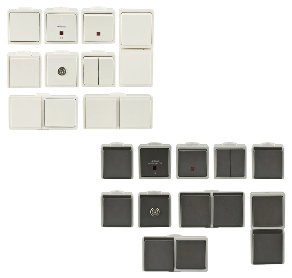 Feuchtraum Schalter Steckdosen Taster IP54 polarweiß grau AP Unitec Aquarius