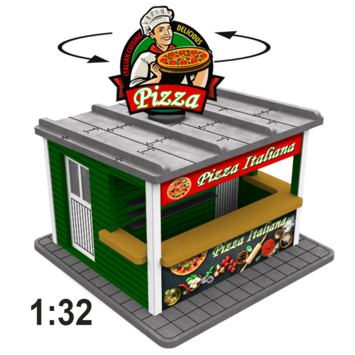 Zestaw stojaków na pizzę w skali 1:32 z zmotoryzowanym obrotowym banerem do samochodów slotowych  - Zdjęcie 1 z 3