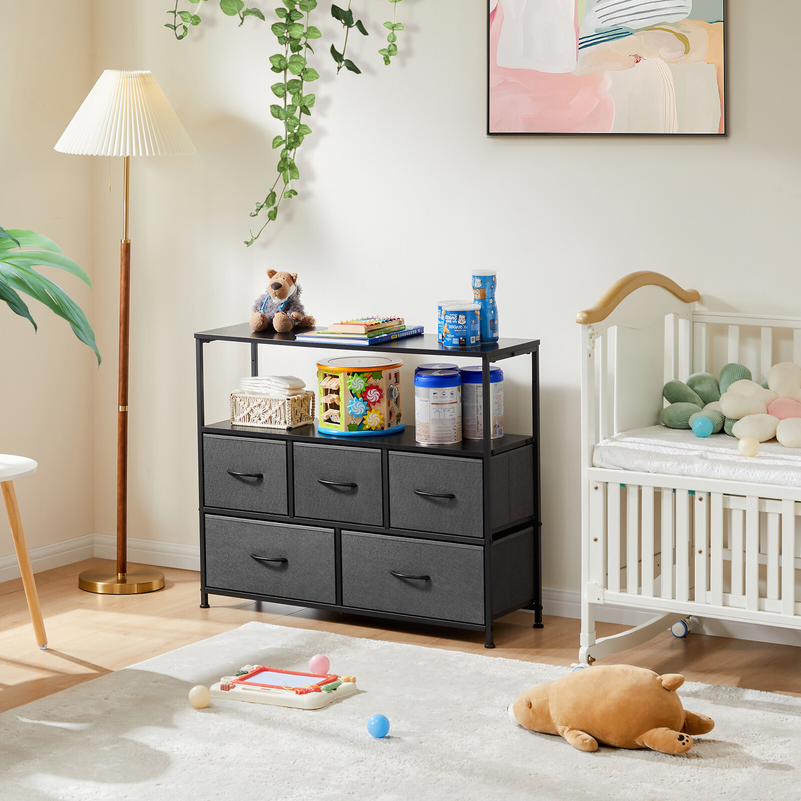 TV Stand Dresser with 5 Fabric Storage Organizers Units,Media Console Table
