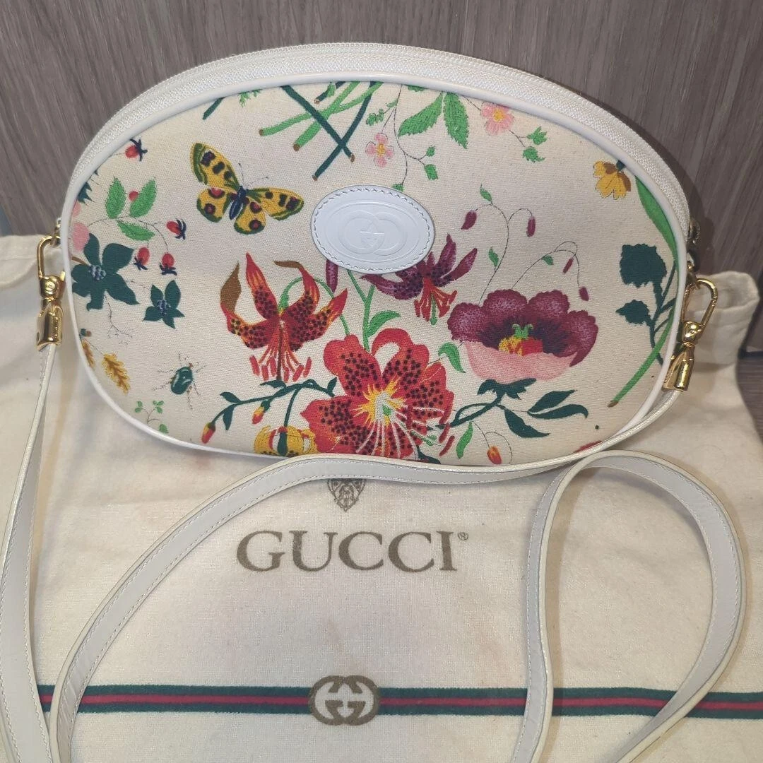 Ancien sac bandoulière Gucci floral, pochette, livré avec sac de rangement, occasion, blanc