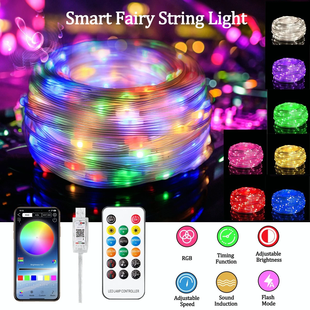 10M 100LED USB RGB Fairy String Lights APP Smart Control Christmas Tree  Decor