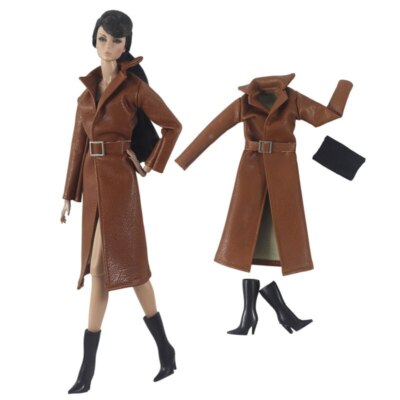 Braunes Lederkleidungsset für Barbiepuppen Outfits Mode Lange Jacke Top Stiefel