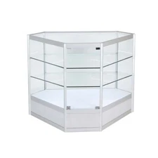 CEL Hexagon GLASS SHOWCASE, LED LIGHT, SWING DOOR WITH LOCK, WOODEN BASE -SILVER