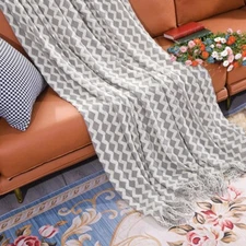 NEW Anthropologie Grey & White Boho Tassel Chunky Knit Throw Blanket - 50" x 68"