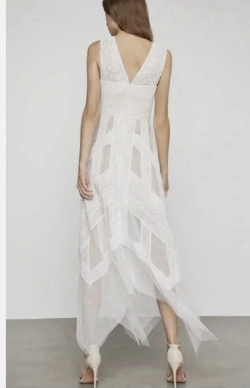 OFF WHITE Maxi abito BCBG MaxAzria Andi bianco sporco pizzo trasparente sera tulle nuovo con etichette taglia 6 398$