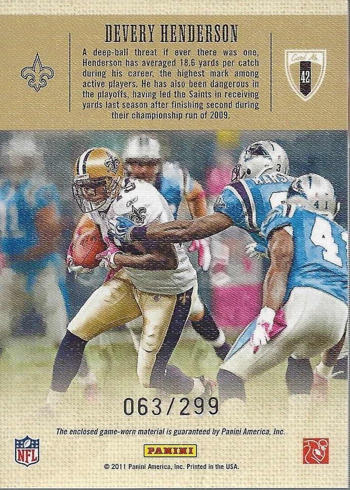 2011 Panini Threads Gridiron Kings Materials #42 Devery Henderson Jersey/299  FB - Image 2 of 2