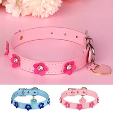 Soft PU Leather Dog Collars w/Flower Adjustable Neck Strap Name ID Tag Engraved 