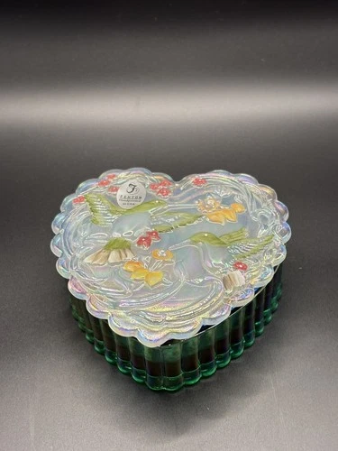 Fenton Glass Hummingbird Heart Shaped Trinket Box Hand Painted And Signed.
