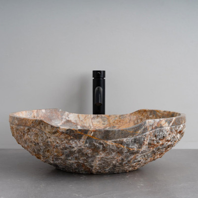 Hand-Carved Golden Gray Marble Canoe Sink, 20x14x5.5 Inch, Polished Finish