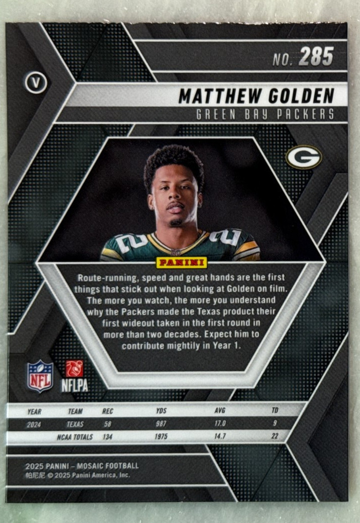 Matthew Golden 2025 Panini Mosaic Image Variation Rookie Card-#285 Packers RC
