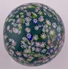 Perthshire Vintage 70's Millefiori Scramble Ball On Green Glass Paperweight