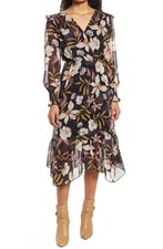 Fraiche By J  ruffle long sleeve black floral midi dress
