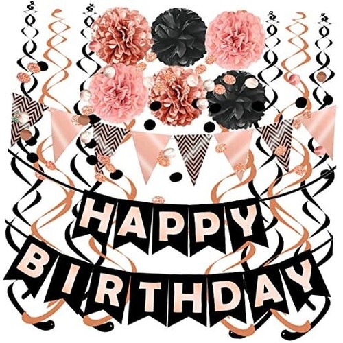 FECEDY Rose Gold Black Theme Happy Birthday Banner Flag Bunting Paper Circle