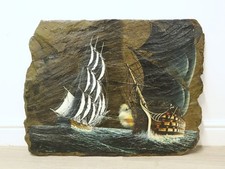 M. Whitehand 1975 Oil Painting 2 Sailing Ships Naval Battle on Slate