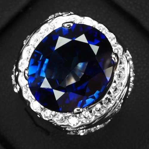 Invaluable Royal Blue Sapphire 8.15Ct 925 Sterling Silver White Gold Halo Rings