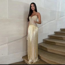 Champagne Evening Gowns Thin Shoulder Straps Tassel Pleats Lace Ball Dresses