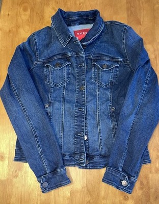 Denim Jacket GUESS Los Angeles Distressed Vintage Size L Cropped Fitted
