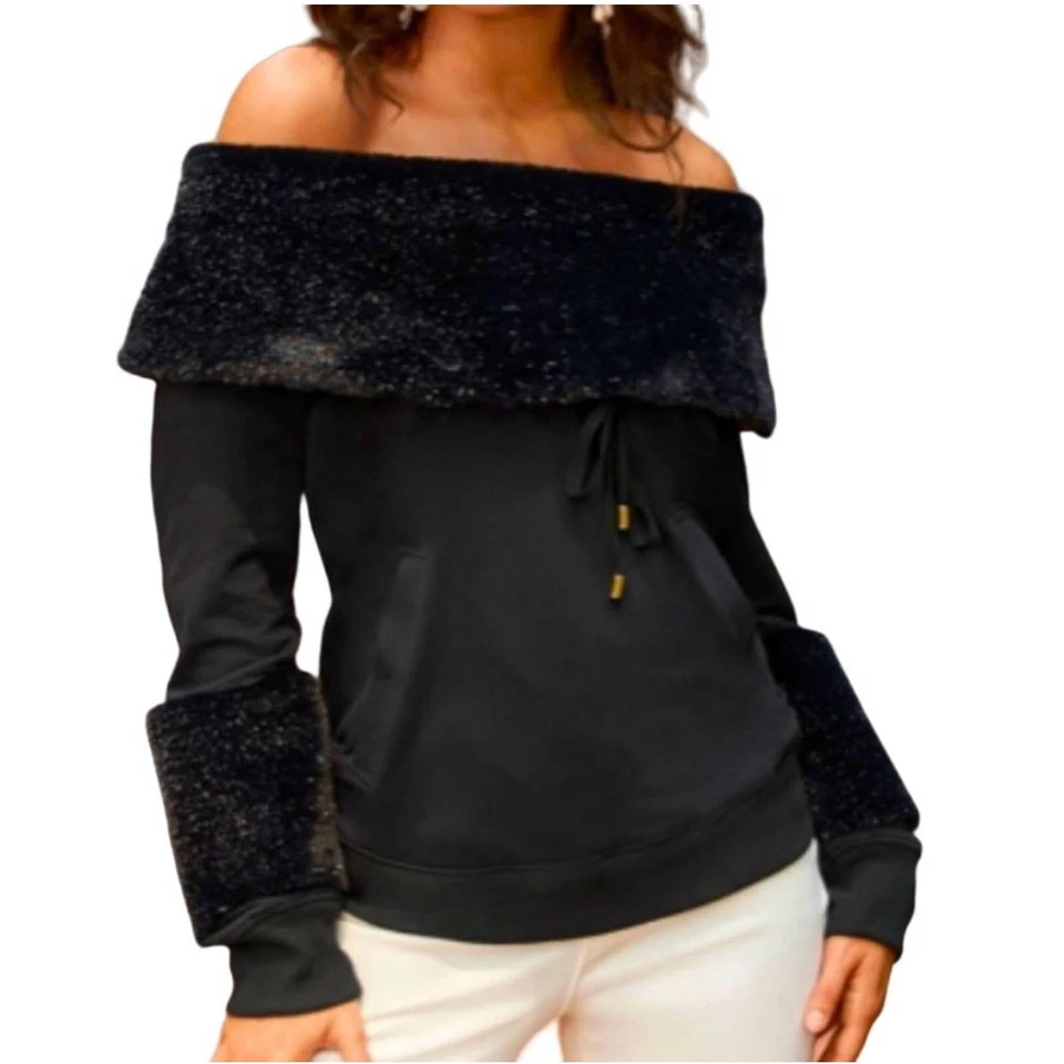 Sudadera Boston Proper XS Fuera del Hombro Piel Sintética Borde Brillante Glamour Negra Foto 2 de 4