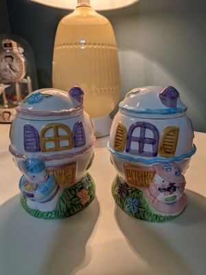 Rabbit Easter Egg Fairy House Pair Ceramic Interpur Decoration Trinket Box Set
