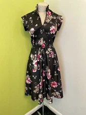 Vintage 1970s 1980s Floral Print Dress Black & Pink Rockabilly L XL