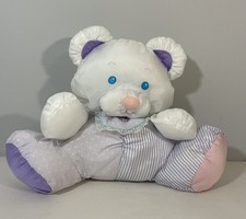 Fisher Price Puffalump 1991 White Bear Lavender Stripes Polka Dots Rattle Plush