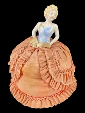Antique Half Porcelain Doll Pin Cushion Elegant Woman Pink Dress 5"