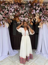 Timeless Habesha Kemis   Elegant White Dress with Red and Multicolor Design