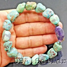 Blue Turquoise Bracelet Rough Nugget Beads Kingman Stretch Healing Stone 8.25"