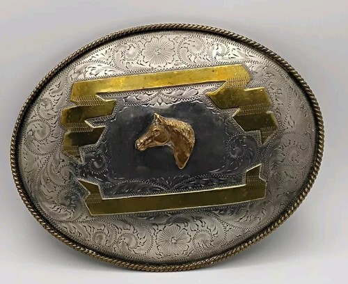 Vintage Metal Belt Buckle, Alpaca Silver and Brass, Rodeo, Horse, Western