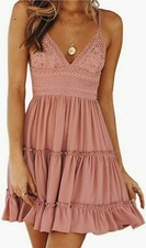 Ecowish  V-Neck Spaghetti Straps Bowknot Lace Mini Swing  Pink Size XL Juniors