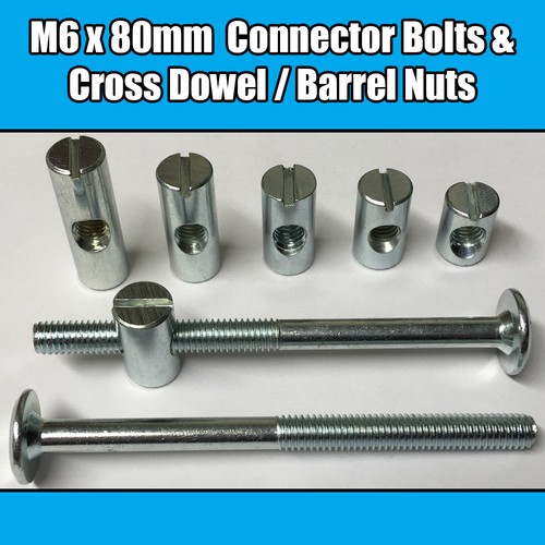 M6 x 80mm Furniture Connector Bolts & Cross Dowel Barrel Nuts Joint