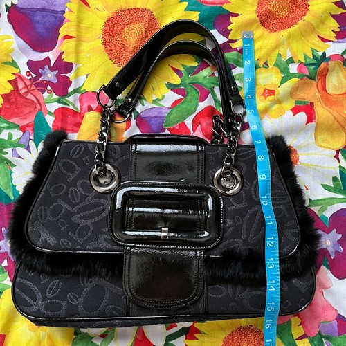 Bebe Black Logo Print Fur Trim Shoulder Bag Handbag Purse - Picture 5 of 14