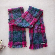 Vintage Foxford Mohair Blend Scarf. Made in Ireland. Jewel Tone Plaid. Pink,