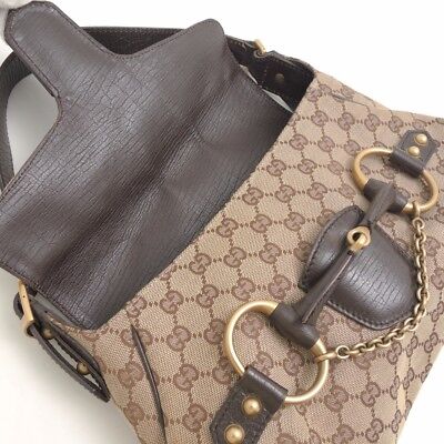 Autêntica bolsa de ombro GUCCI 114915 bege lona couro marrom