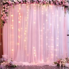 10x10 FT Baby Pink Tulle Photo Backdrop Curtain String Lights Wedding Party