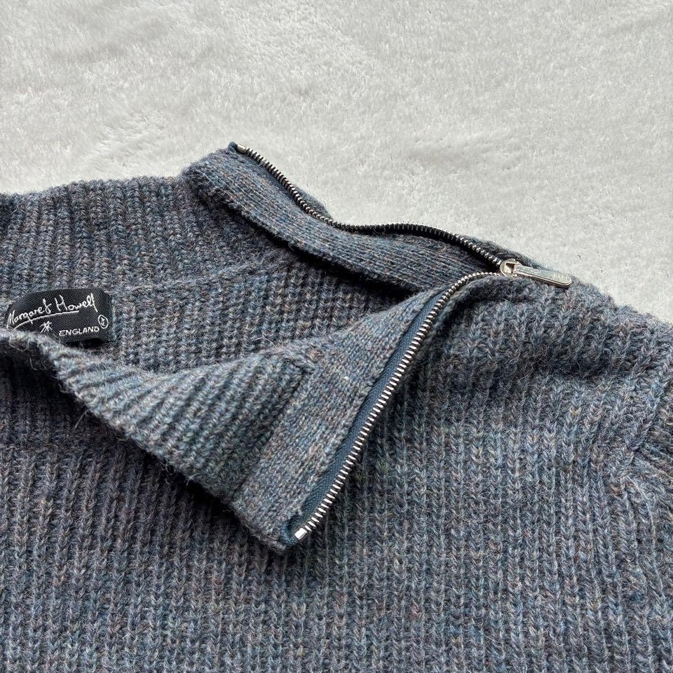 Margaret Howell Rib Knit Sweater Blue Gray Riri Shoulder Zip Pullover ...