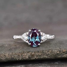 2 CT Oval Cut Lab-Created Alexandrite Halo Engagement Ring 14K White Gold Plated