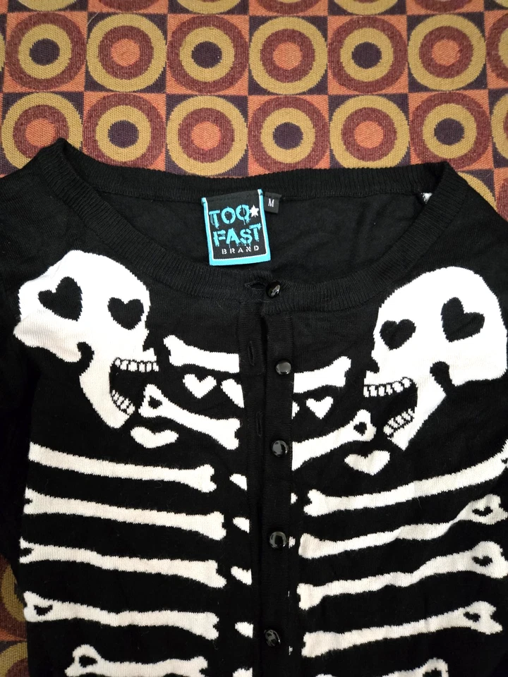 Too Fast Skull Skeleton Black White Cardigan Sweater Buttons Women's M Well Made - Image 3 of 4