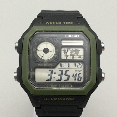 Casio AE-1200WH 3299 Mens Watch 40mm Black Green Digital World Time Illuminator