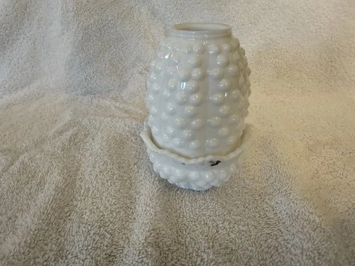 Vintage Fenton White Milk Glass Hobnail Fairy Lamp 2 Piece Candle Holder Votive