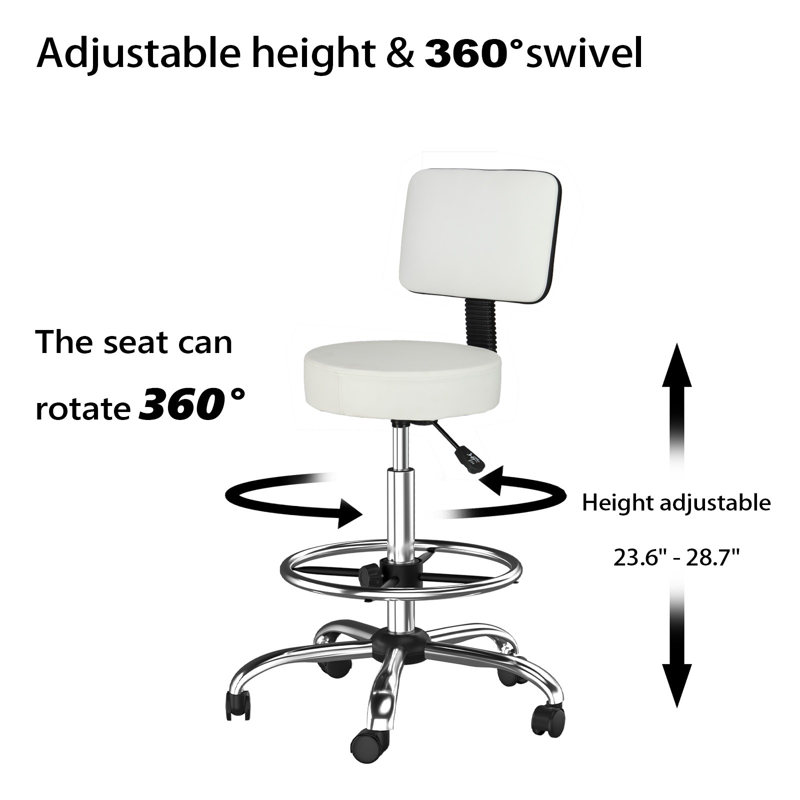 White Rolling Garage Stool Adjustable Height Work Shop Seat for Garage, Salon