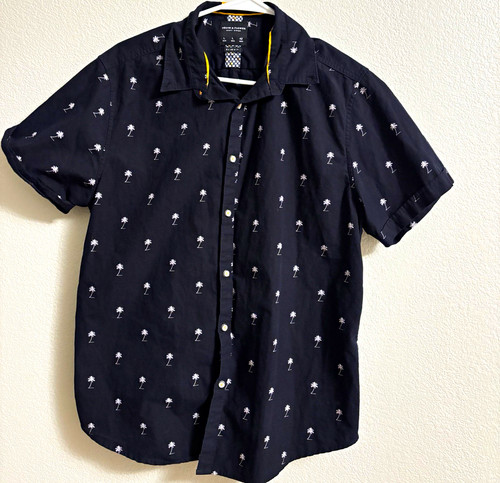 Denim & Flower Ricky Singh Men’s Slim Fit L Black Palm Tree Tropical Button-Up