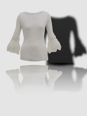 $595 Neiman Marcus Womens Ivory Cashmere Embellished Feather Cuff Sweater Size L