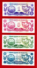 RARE 1991 LOTUS SET of 1, 5, 10 & 25 Centavos De Cordoba NICARAGUA UNC BANKNOTES