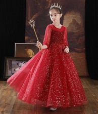 Girls Kids Show Long dress Sequins Ball Gown Princess Red Wedding Frock 35231